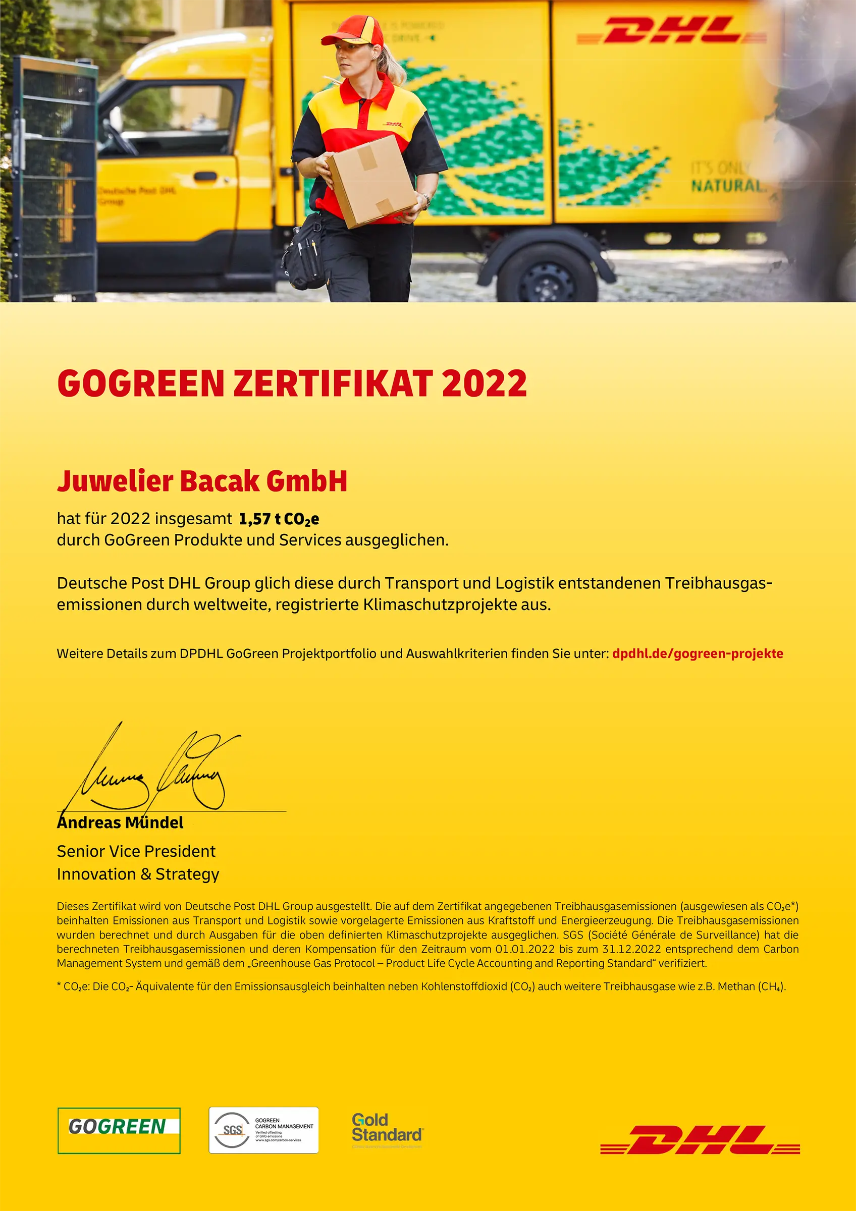 DHL GoGreen Zertifikat 2022